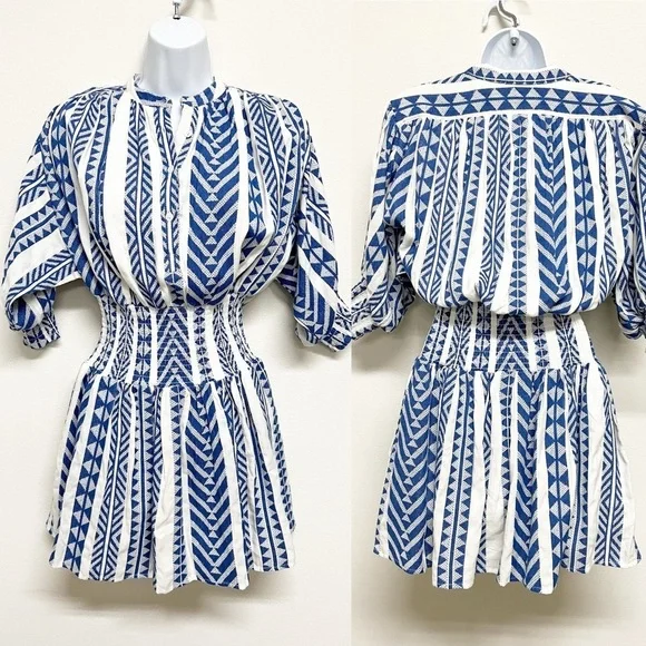 Never A Wallflower Womens Blue White India Handloom Cynthia Dress Size XS - Picture 2 of 11